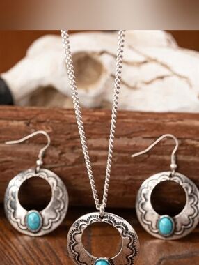Sterling Silver-Tone Turquoise Pendant Necklace and Earring Set